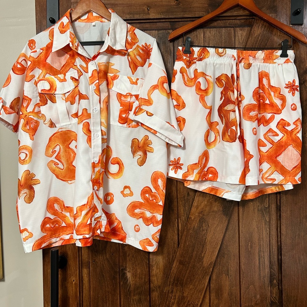 Orange and White Patterned Shirt and Shorts Set